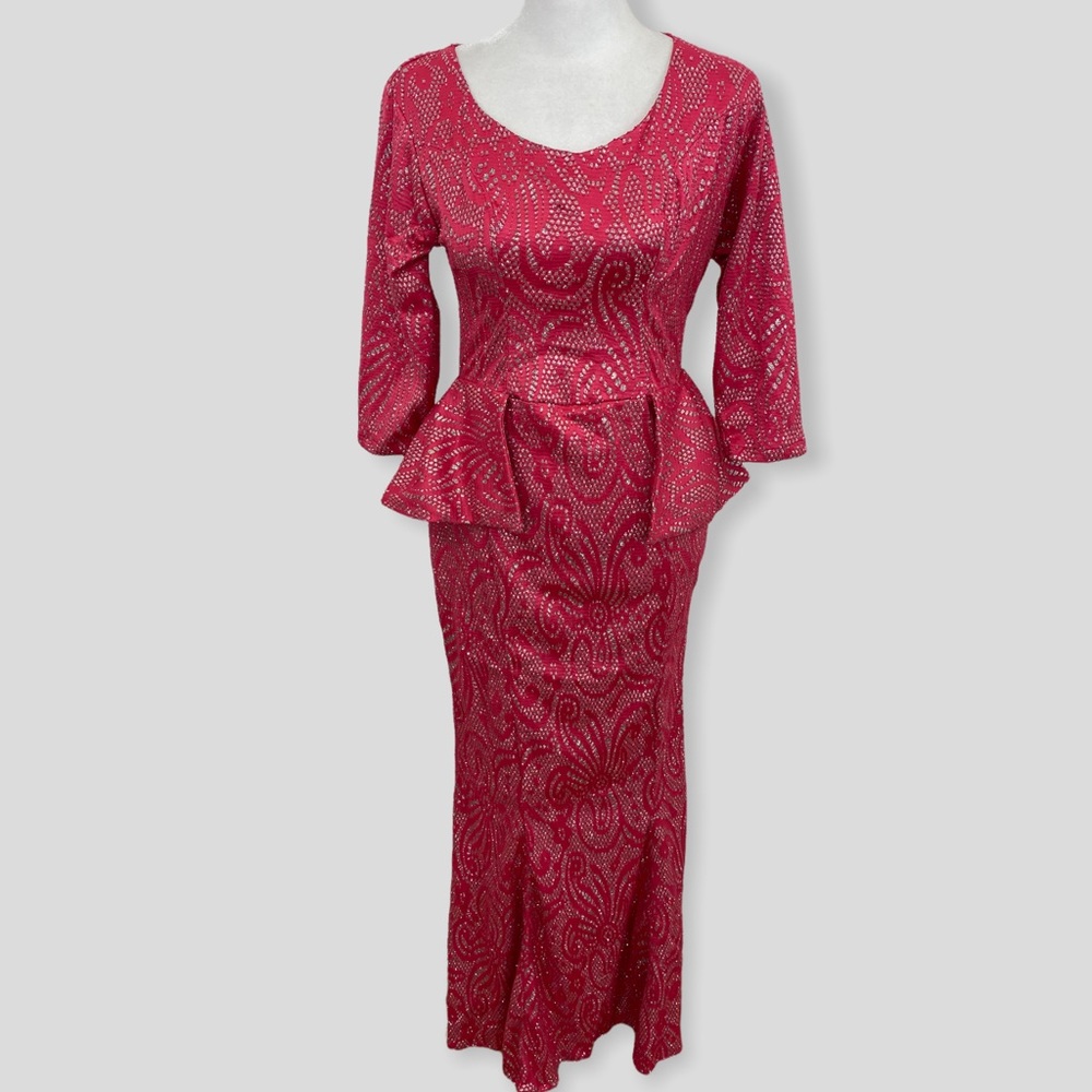 Vintage Hand Made Hot Pink Silver Glitter Dot Peplum Waist Dress
